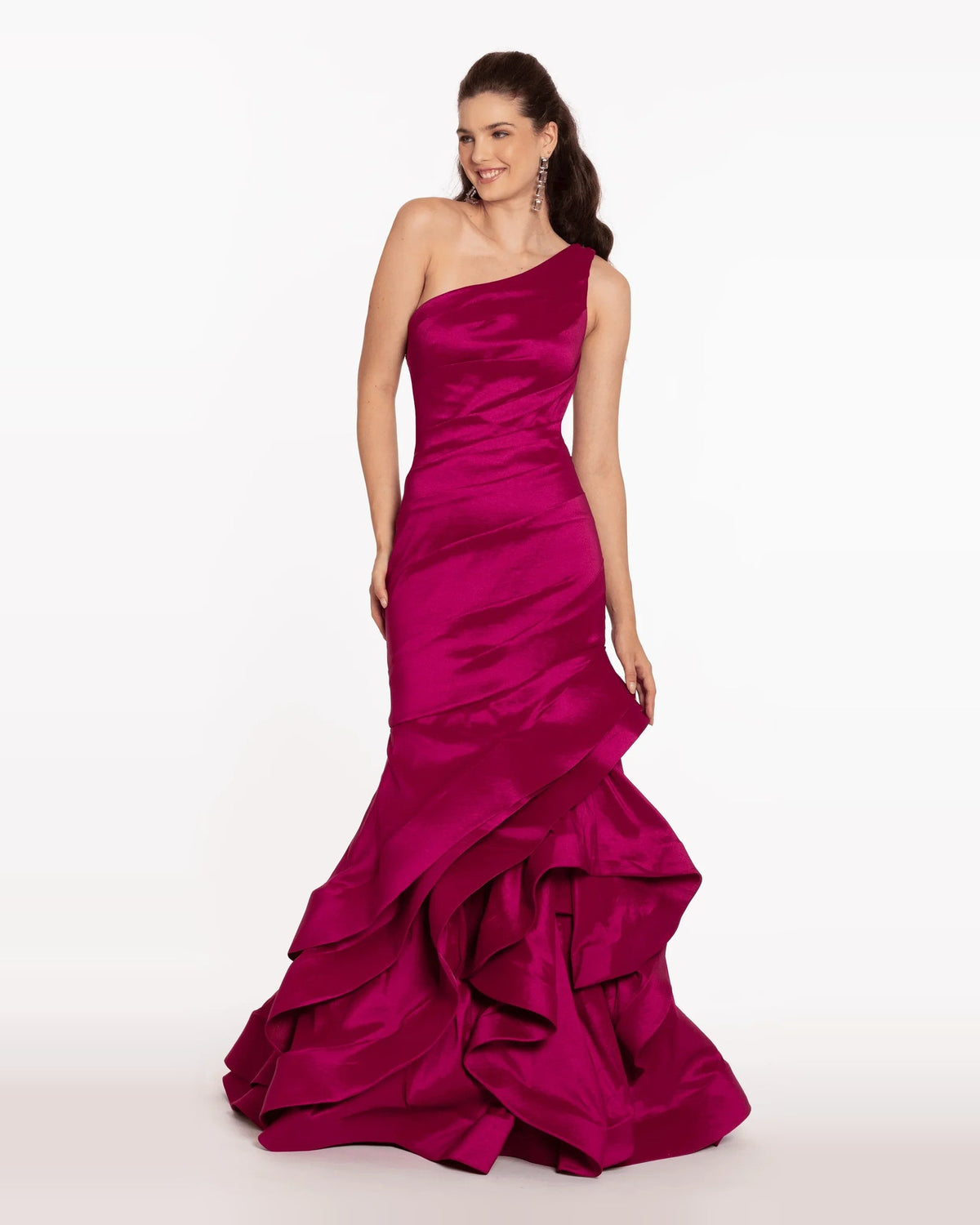 One-shoulder mermaid maxi prom dress in magenta with tiered ruffle details