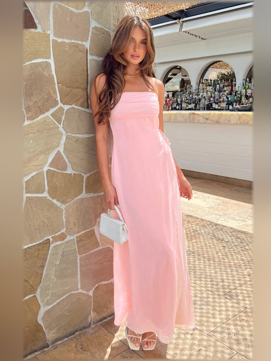Pink square-neck spaghetti strap A-line formal dress, floor-length