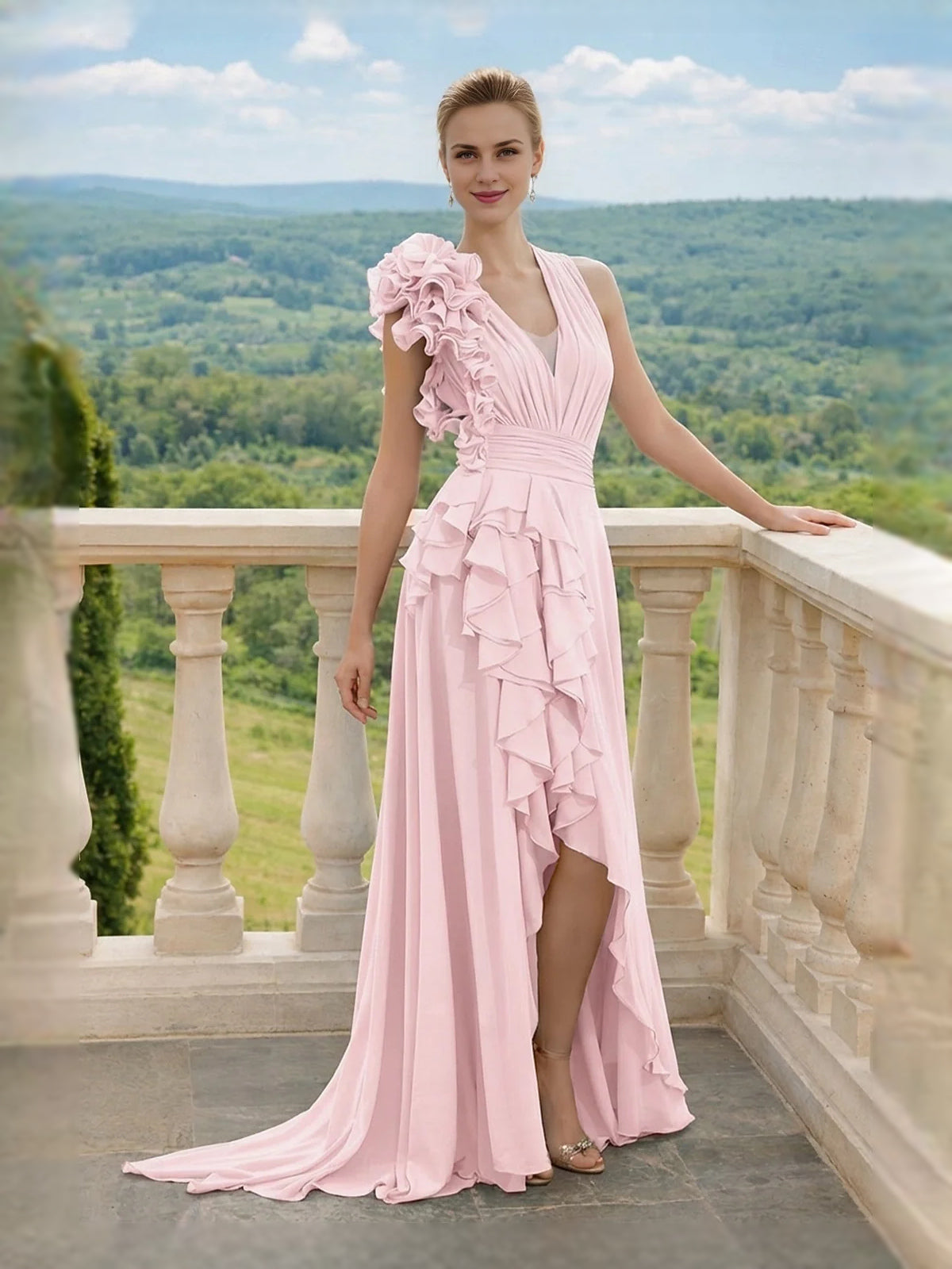 Light pink ruffled chiffon A-line maxi dress with V-neck bodice and side slit