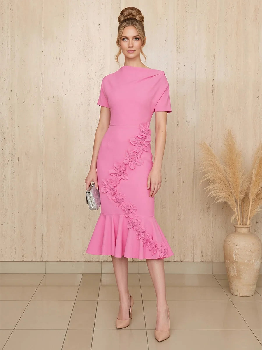 Pink floral mermaid short dress with off-center neckline and layered ruffle skirt