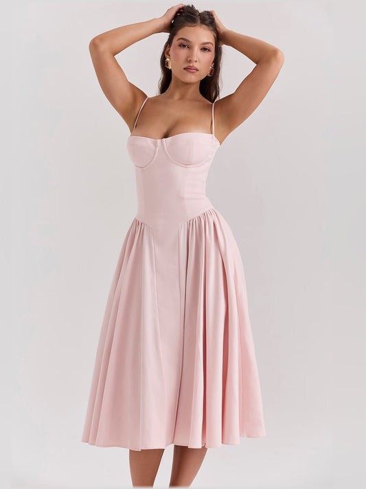 Pink corset midi formal dress with sweetheart neckline and gathered waist pleats