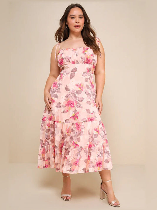 Pink floral tiered midi dress full front view with tie straps and flared tiers