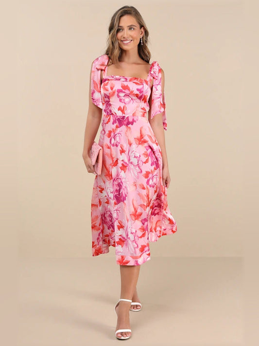 Pink floral midi dress with tie shoulder straps and square neckline, front view