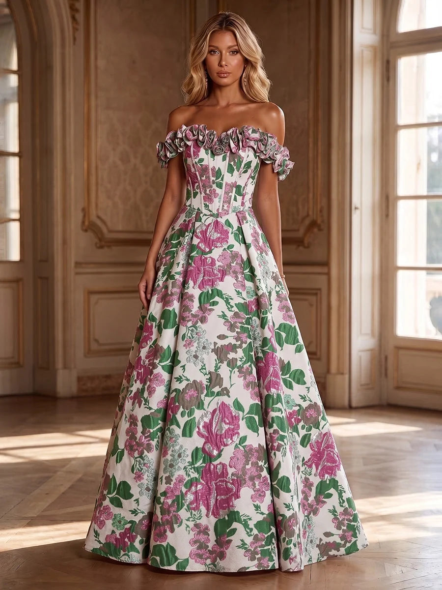 Pink and green floral off-shoulder ruffled corset A-line prom dress with full skirt