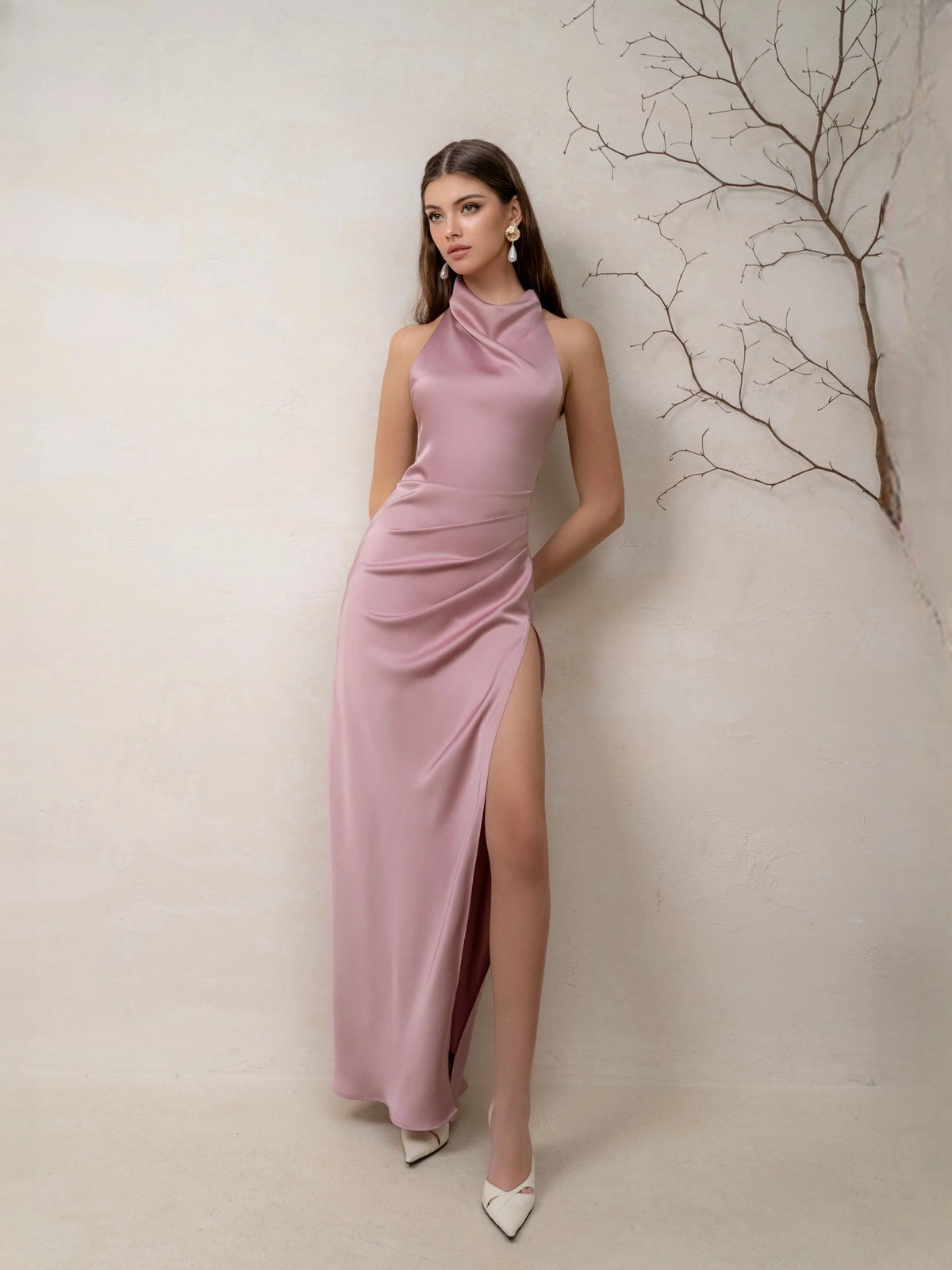 Pink satin cowl-neck sheath maxi dress with ruched side slit, sleeveless