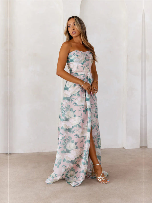 Strapless A-line maxi formal dress, pastel floral print with front slit