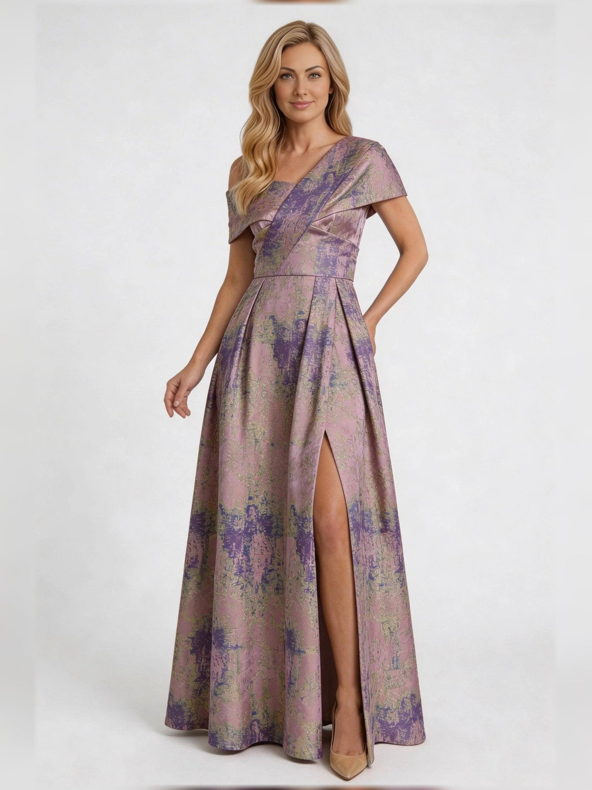 Purple floral A-line mother-of-the-bride dress with asymmetrical V-neck and side slit
