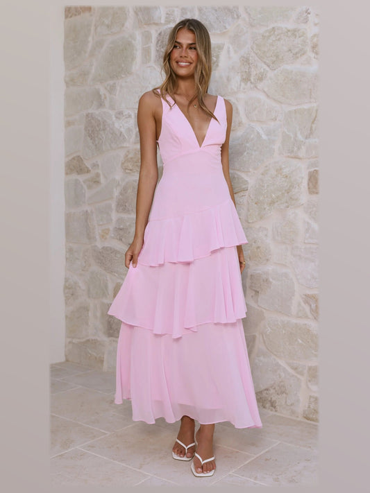 Pink sleeveless V-neck tiered maxi formal dress with layered ruffles at hem