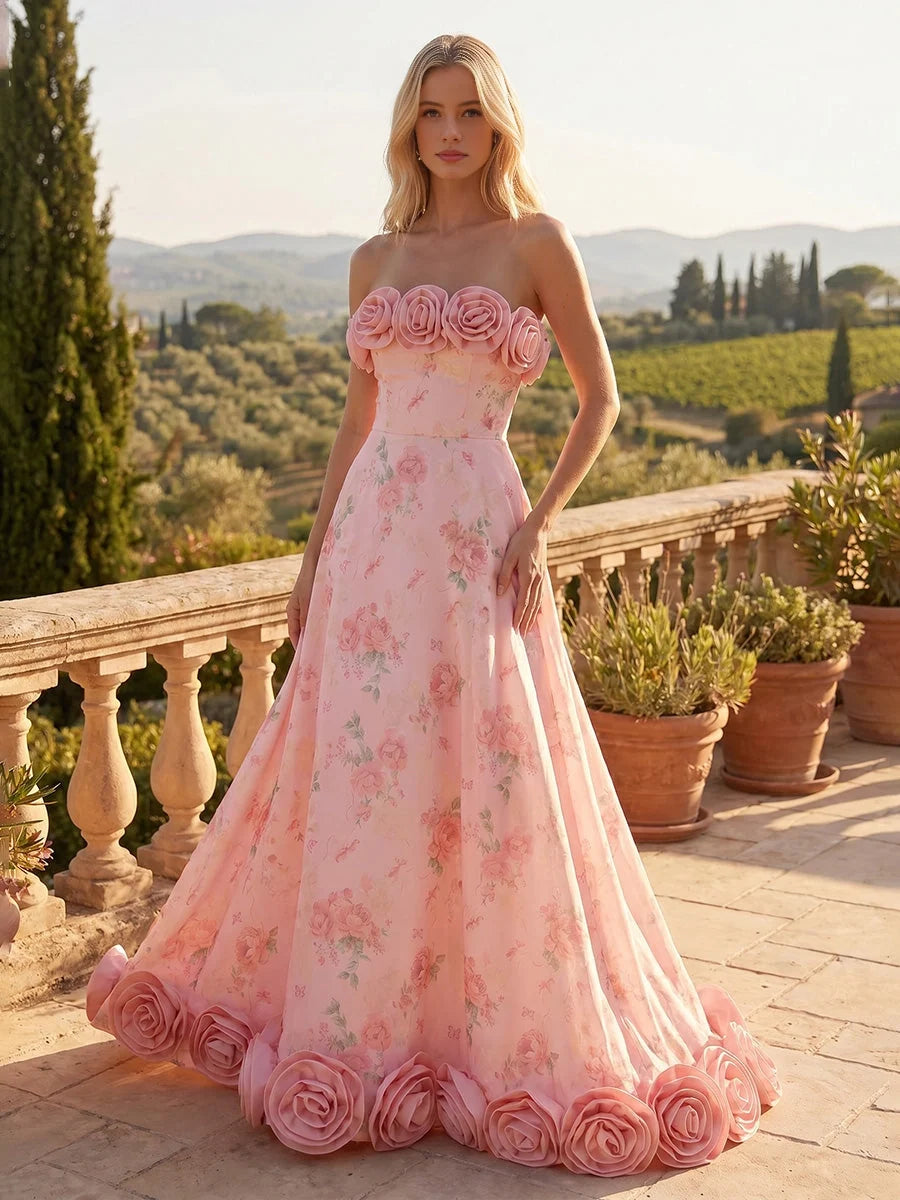 Pink strapless sweetheart A-line floor-length wedding dress with floral print and rose bodice trim