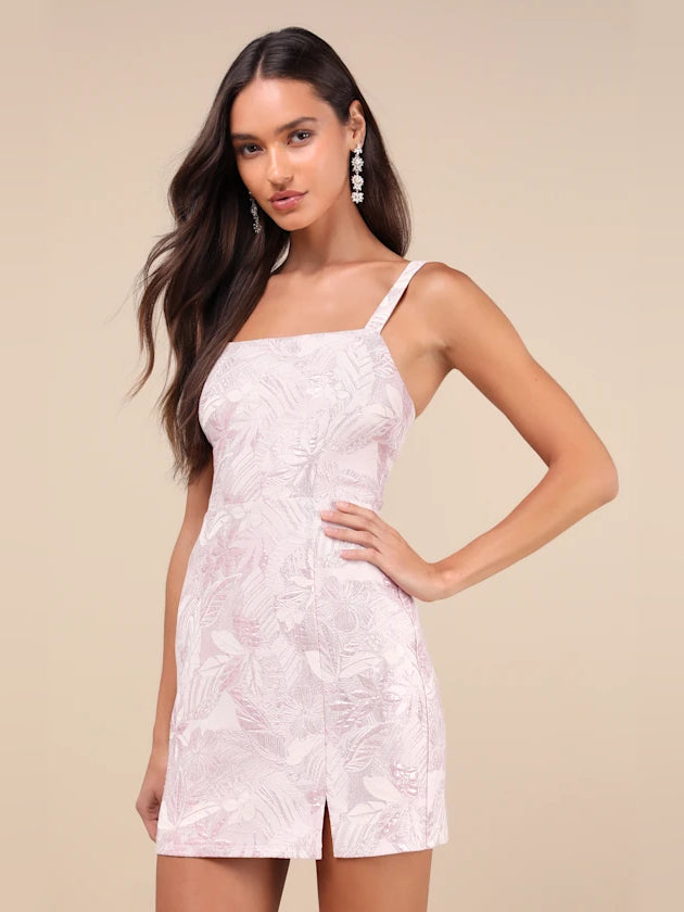 Rose pink floral square-neck mini dress with spaghetti straps and gathered waist
