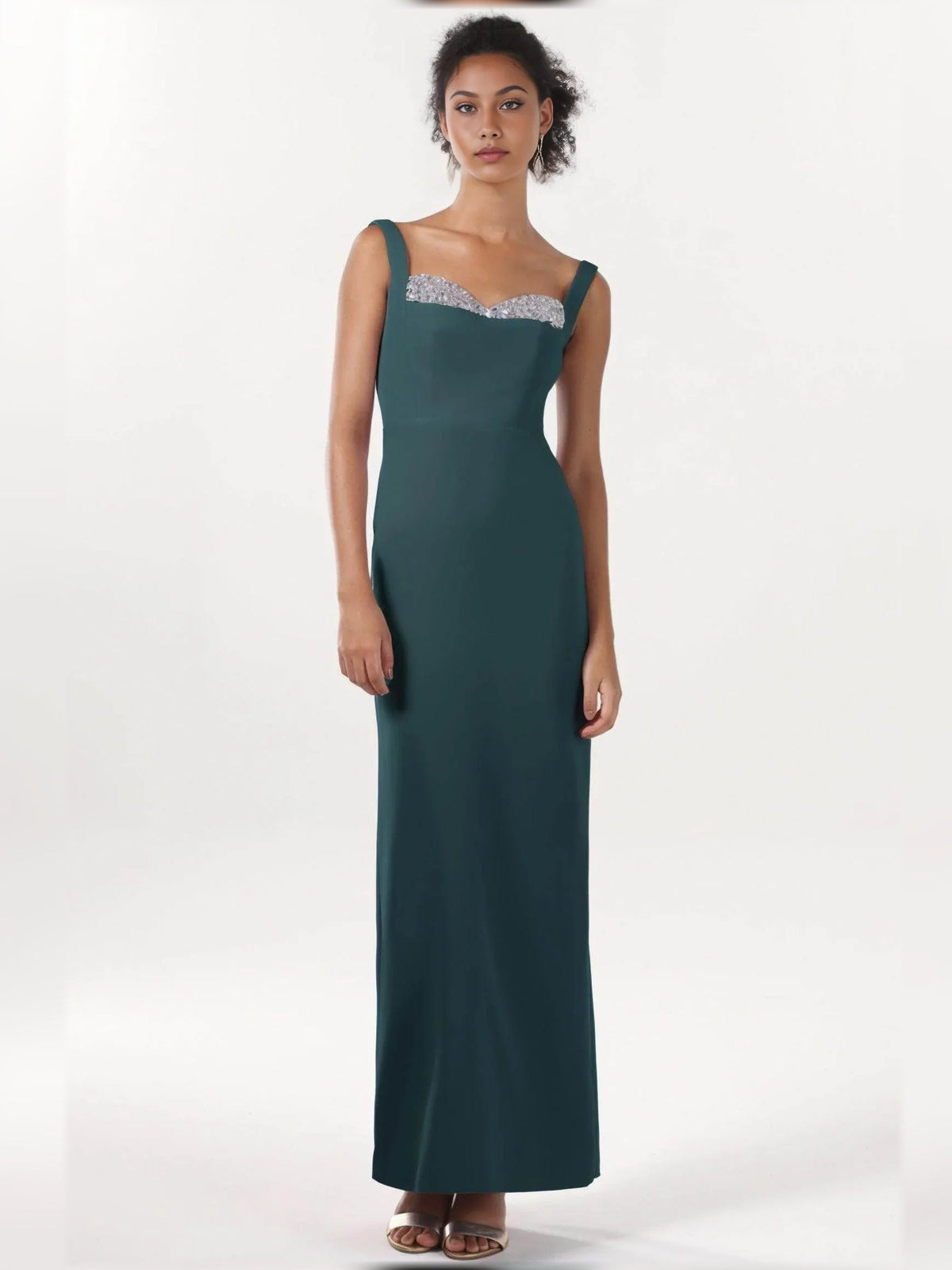 Floor-length sleeveless formal dress with sweetheart neckline and silver beaded bodice, peacock blue