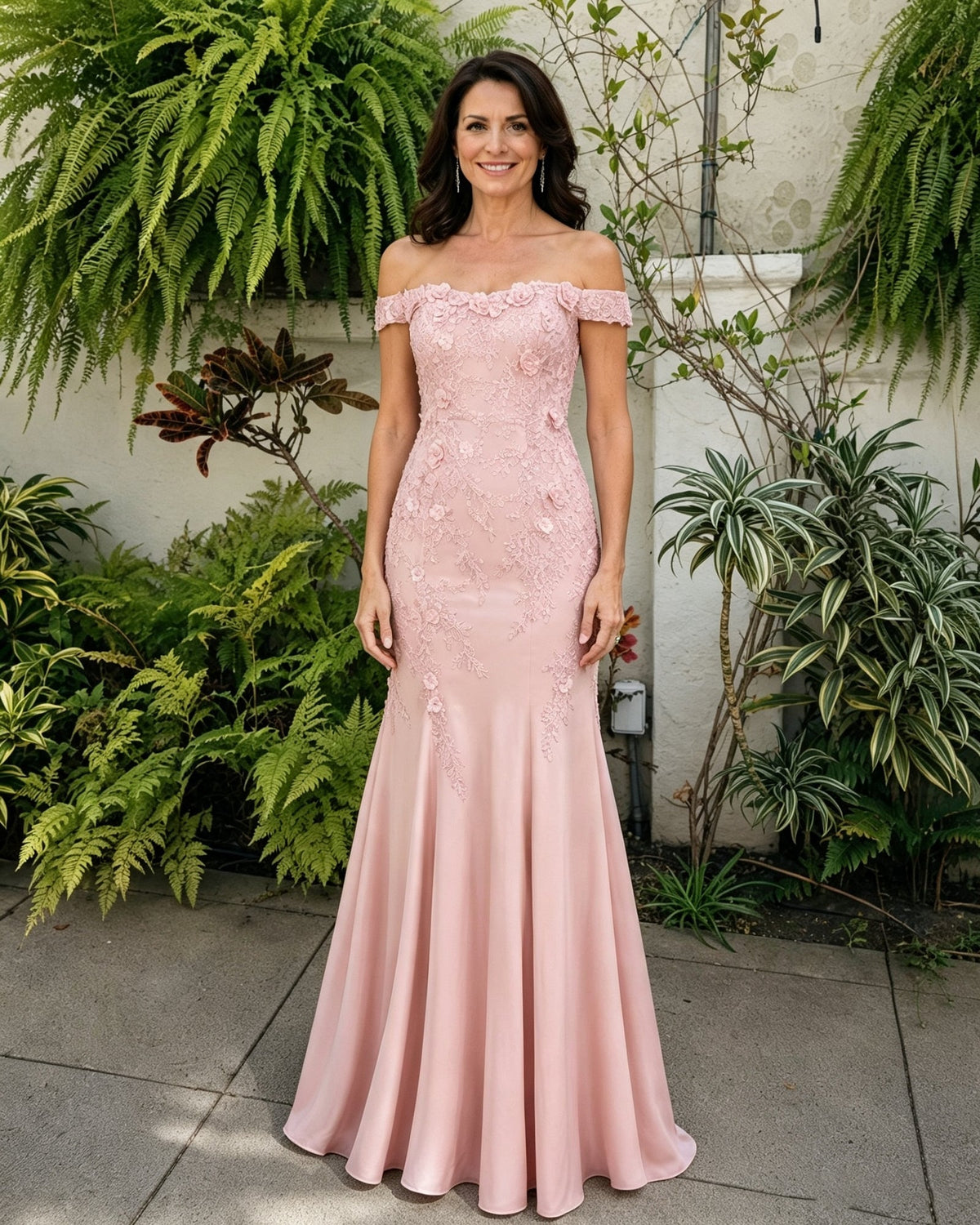Blush pink off-shoulder lace mermaid mother of the bride dress with scalloped neckline