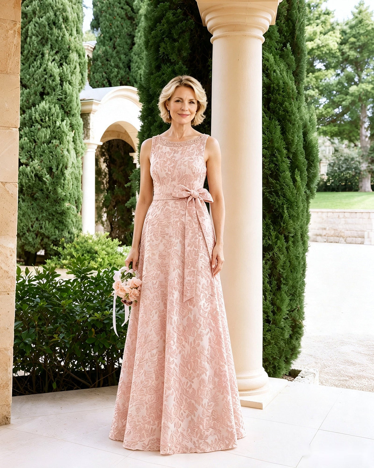 Sleeveless lace A-line mother-of-the-bride dress in blush pink with waist sash and bow
