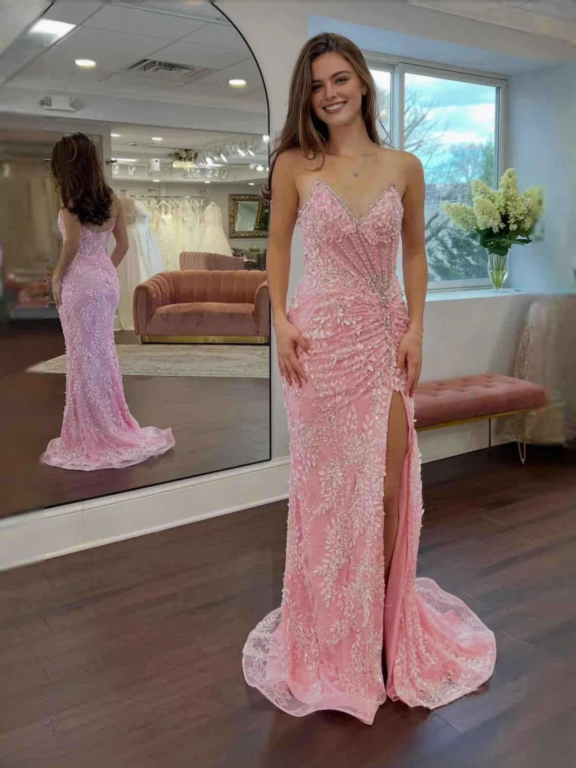 Blush pink ruched beaded sweetheart mermaid maxi dress with sparkly shimmer and slit
