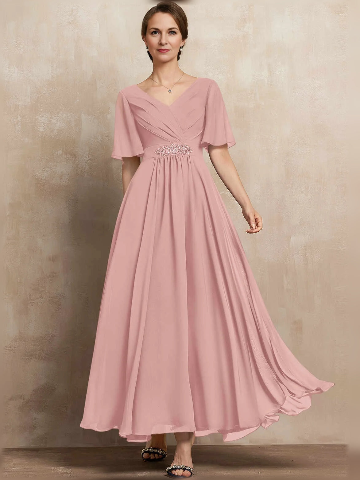 Pleated beaded V-neck A-line maxi chiffon dress, blush pink