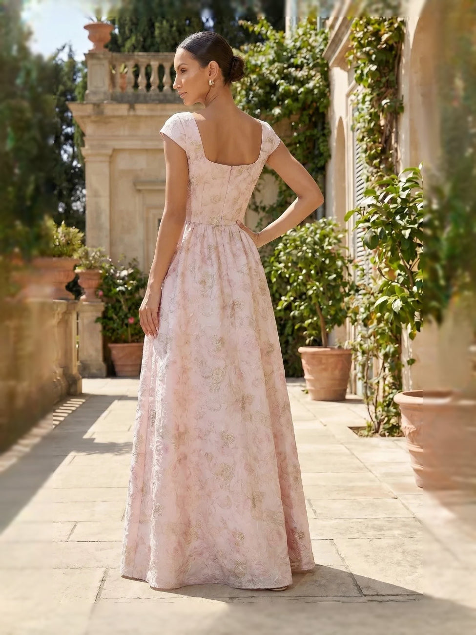 Blush pink floral A-line floor-length dress, cap sleeves, open square-back design