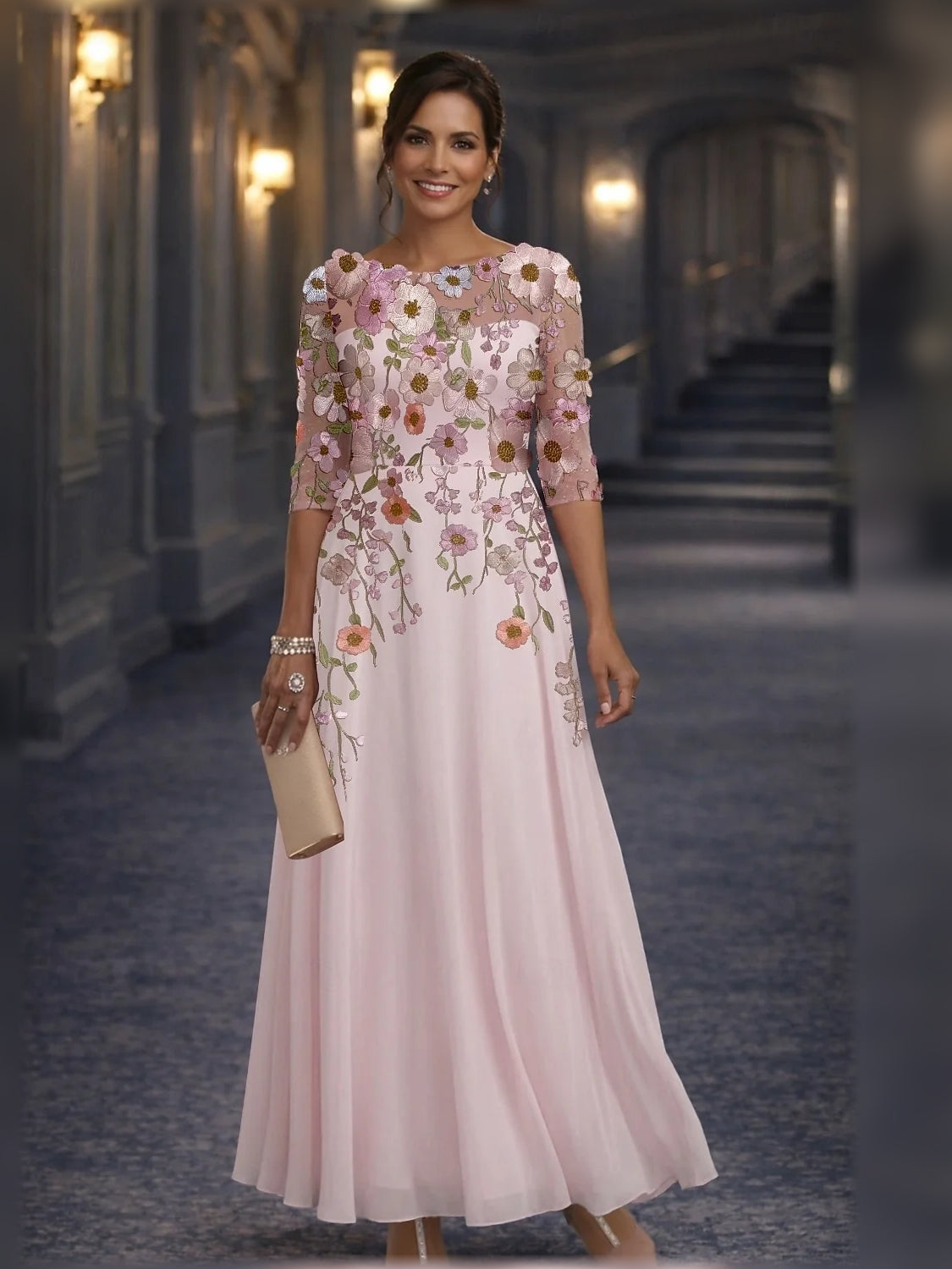 Front view of blush pink floral embroidered A-line maxi chiffon dress with 3/4 sleeves