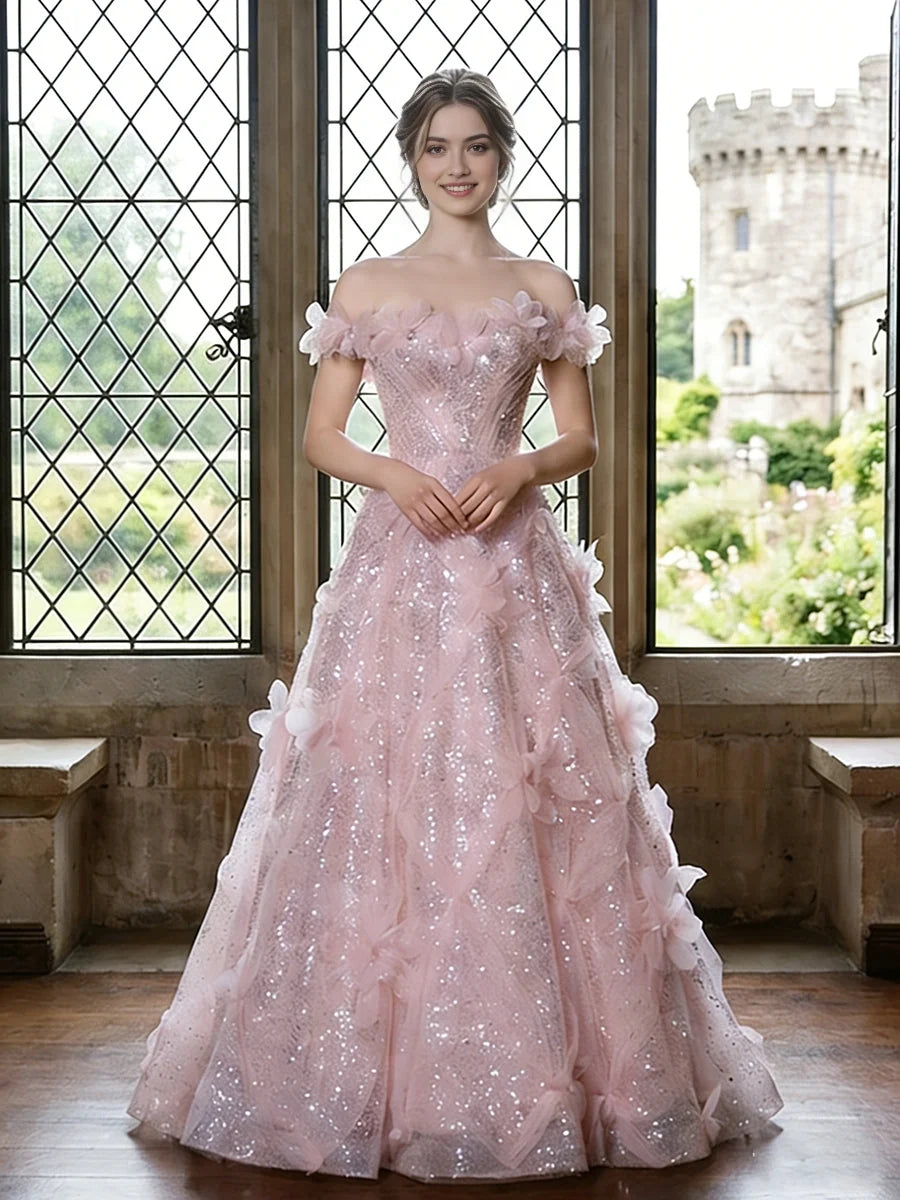 Blush pink off-shoulder sequin ball gown with layered tulle skirt and petal ruffles