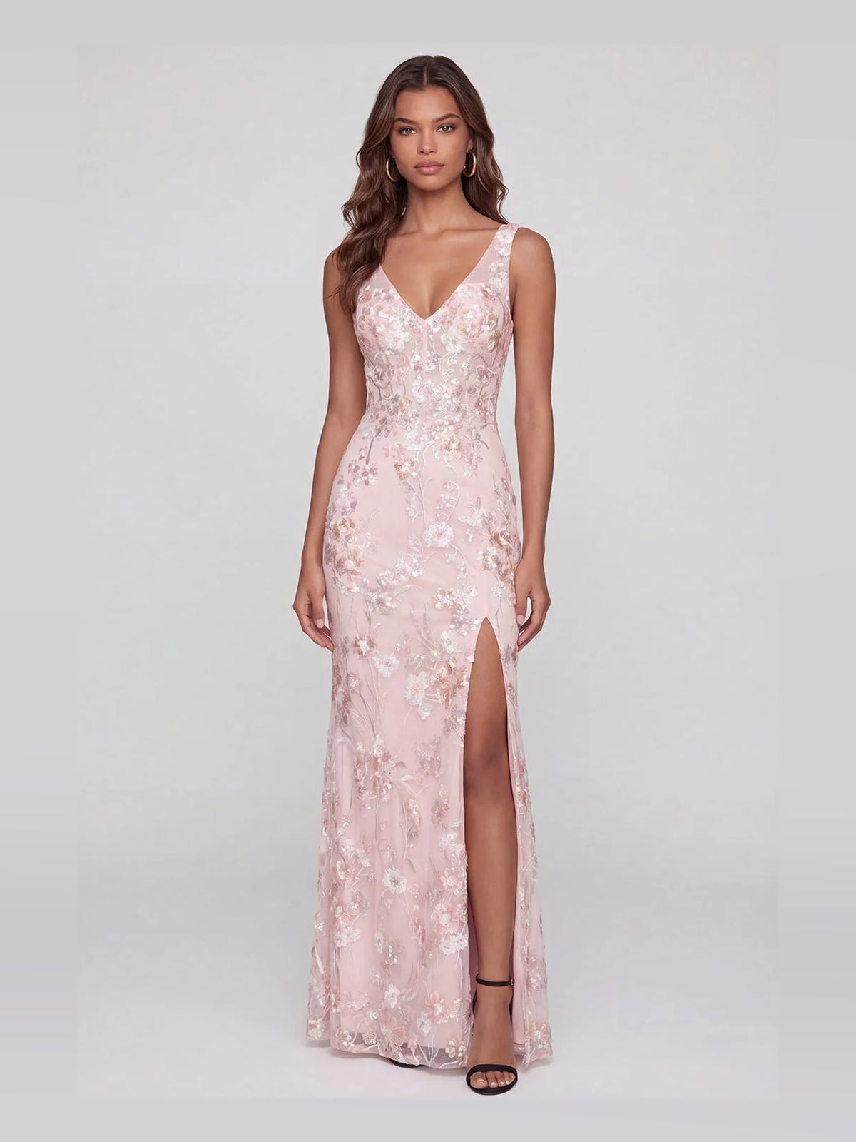 Blush pink floral V-neck mermaid prom dress with side slit and sleeveless straps