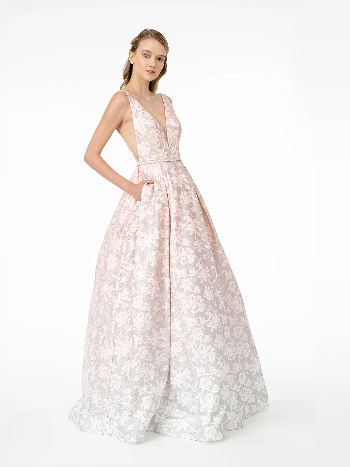 Blush pink ombre jacquard A-line dress with plunging V-neck and fitted waist