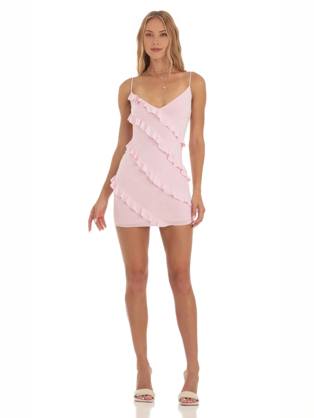 Layered ruffled V-neck mini bodycon dress, blush pink spaghetti straps