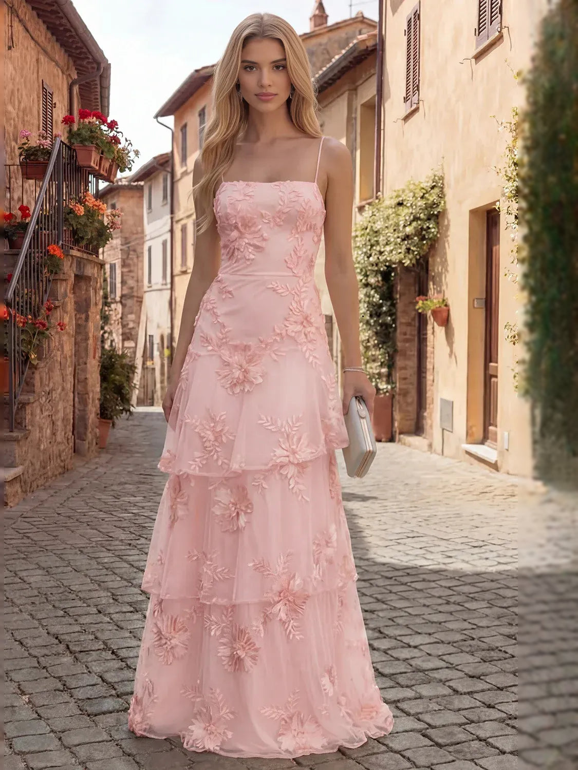 Tiered ruffled floral square-neck tulle prom dress in blush pink, full-length front view
