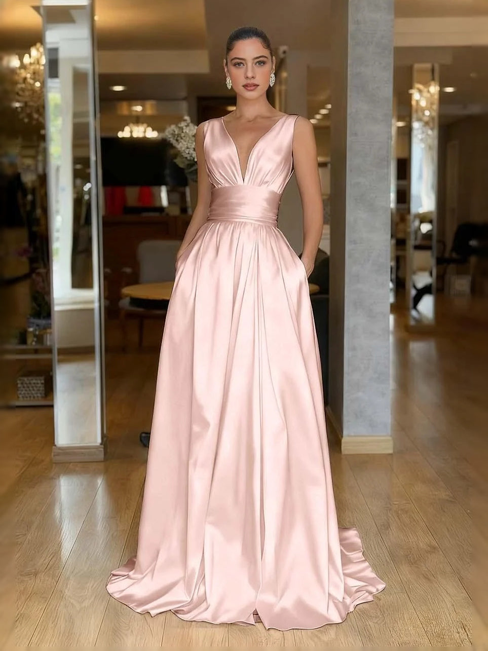 Blush pink V-neck A-line prom dress with ruched pleats, sleeveless floor-length skirt