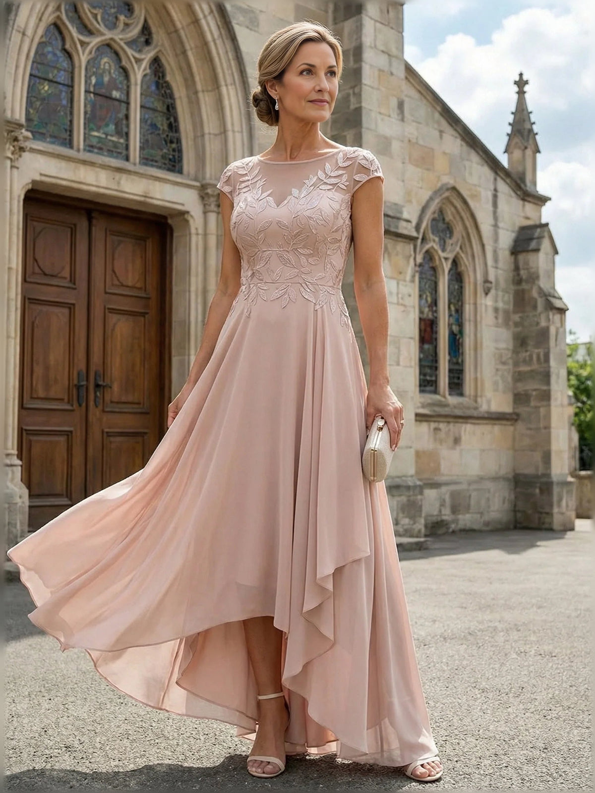 Blush pink chiffon A-line mother-of-bride dress with embroidered bodice, V-neck, high-low hem