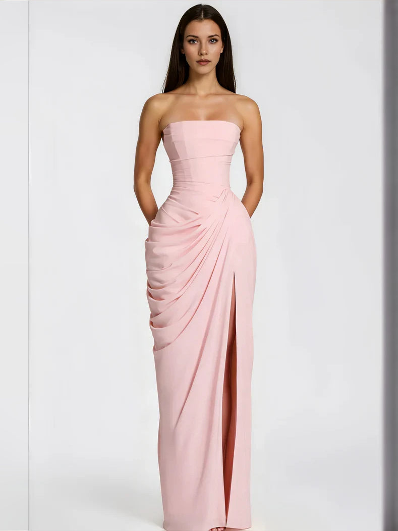 Blush pink strapless ruched draped maxi chiffon sheath dress with long side slit
