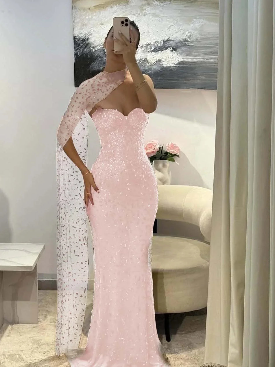 Pink sequin sweetheart mermaid prom dress with cut-out back, floor-length