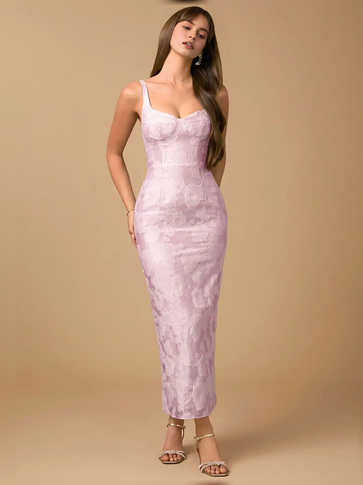 Floral print midi formal dress with sweetheart neckline and spaghetti straps, blush pink front view