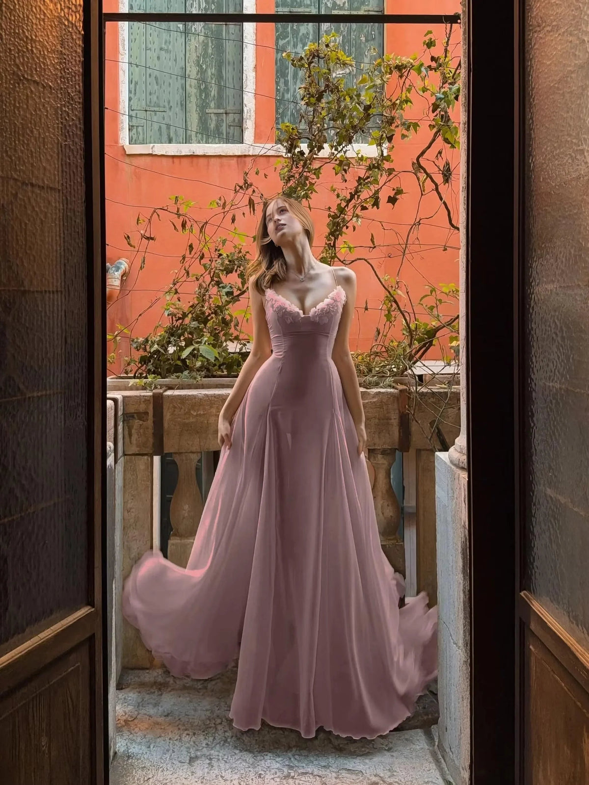 Draped floral appliqué sweetheart A-line floor-length prom dress in blush pink
