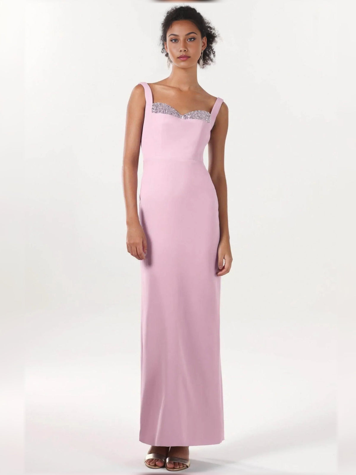 Floor-length sleeveless formal dress with sweetheart neckline and silver beaded bodice, lilac