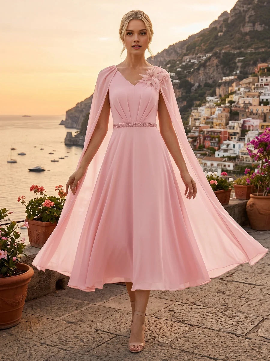 Blush pink A-line midi chiffon dress with floral beaded neckline and V-neck front