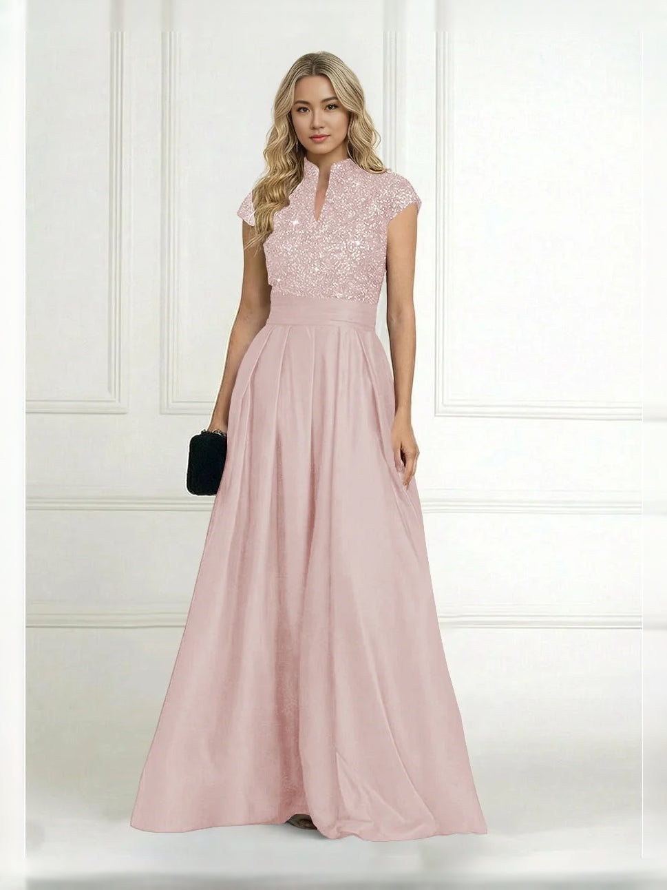 Blush pink high-neck A-line sequin satin dress with pleated skirt and cap sleeves