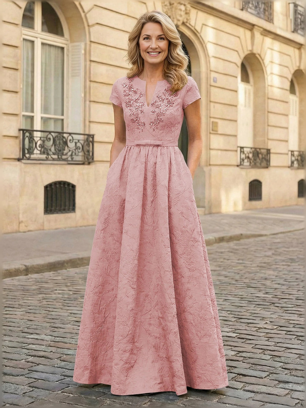 Blush pink beaded V-neck A-line floor-length dress with short sleeves