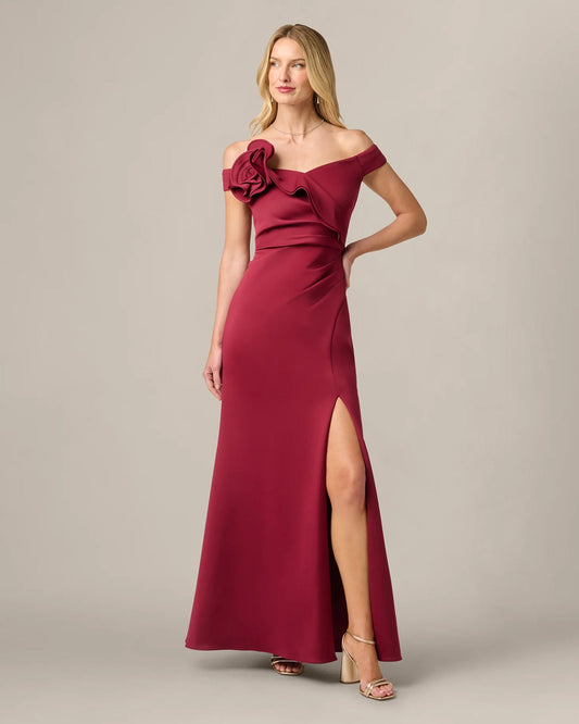 Crimson red off-shoulder mermaid maxi dress with rosette detail and front slit