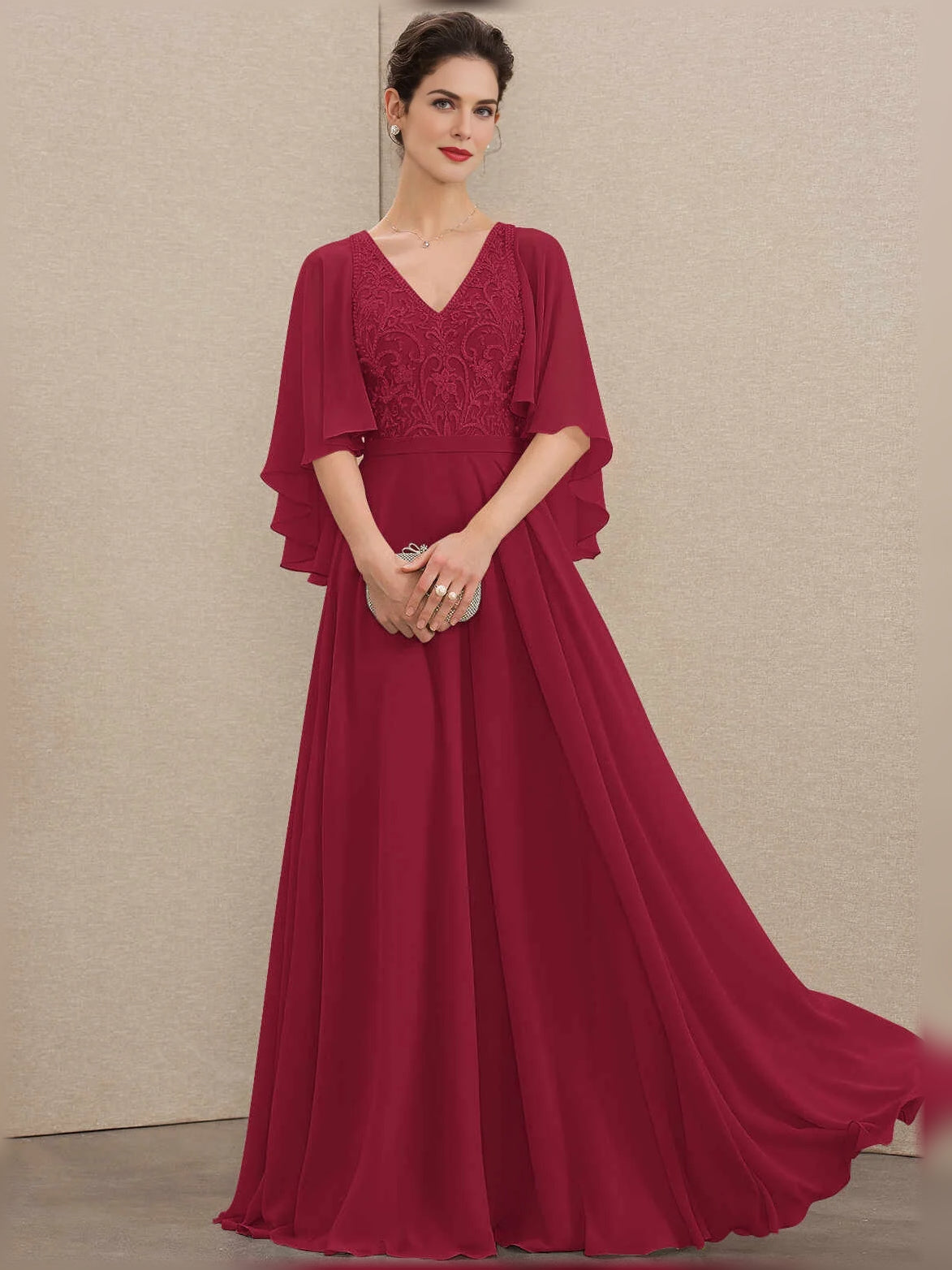 Embroidered V-neck A-line chiffon dress, floor-length, crimson red, flutter sleeves