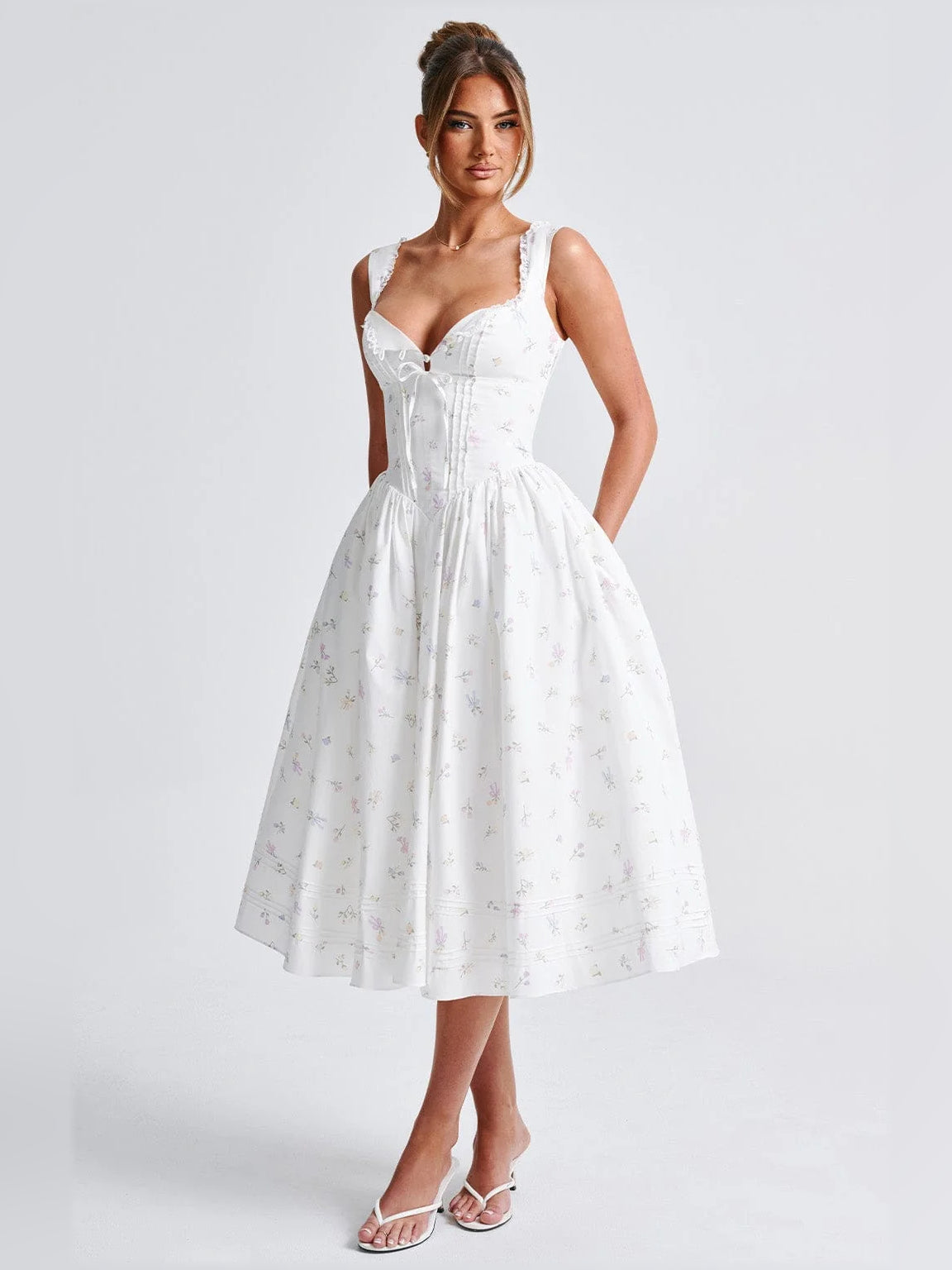 White midi formal dress with sweetheart neckline, boned bodice, gathered waist, full skirt print