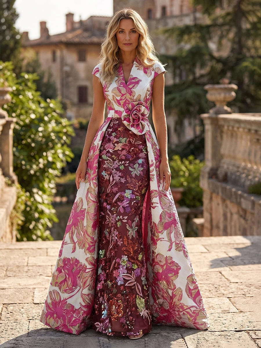 Floral embroidered V-neck A-line floor-length dress in fuchsia, front view