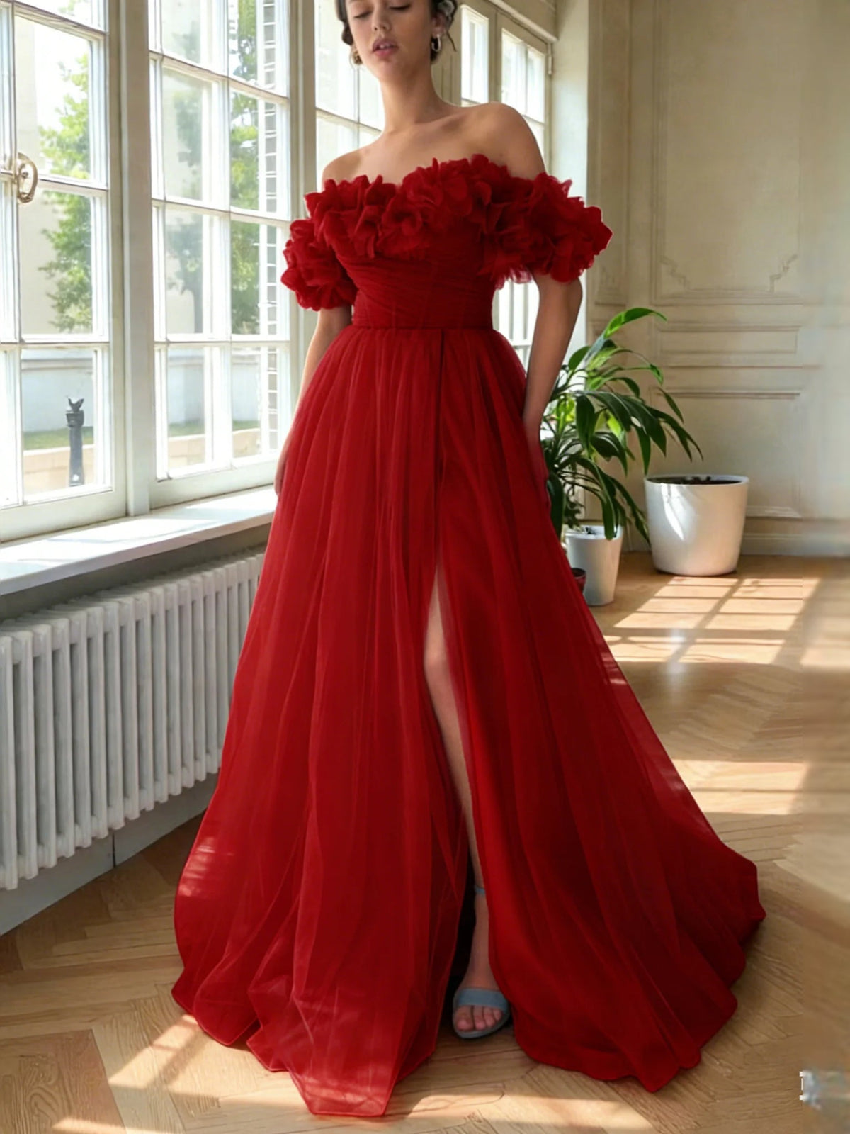 Red off-shoulder ball-gown prom dress with ruffled bodice and side slit, tulle skirt