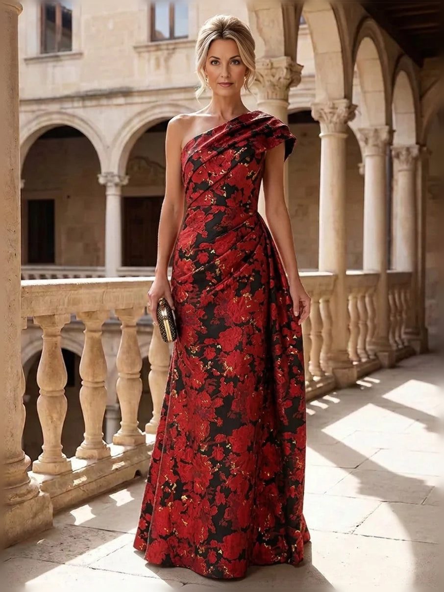 Ruched one-shoulder mermaid gown, red floral print, floor-length