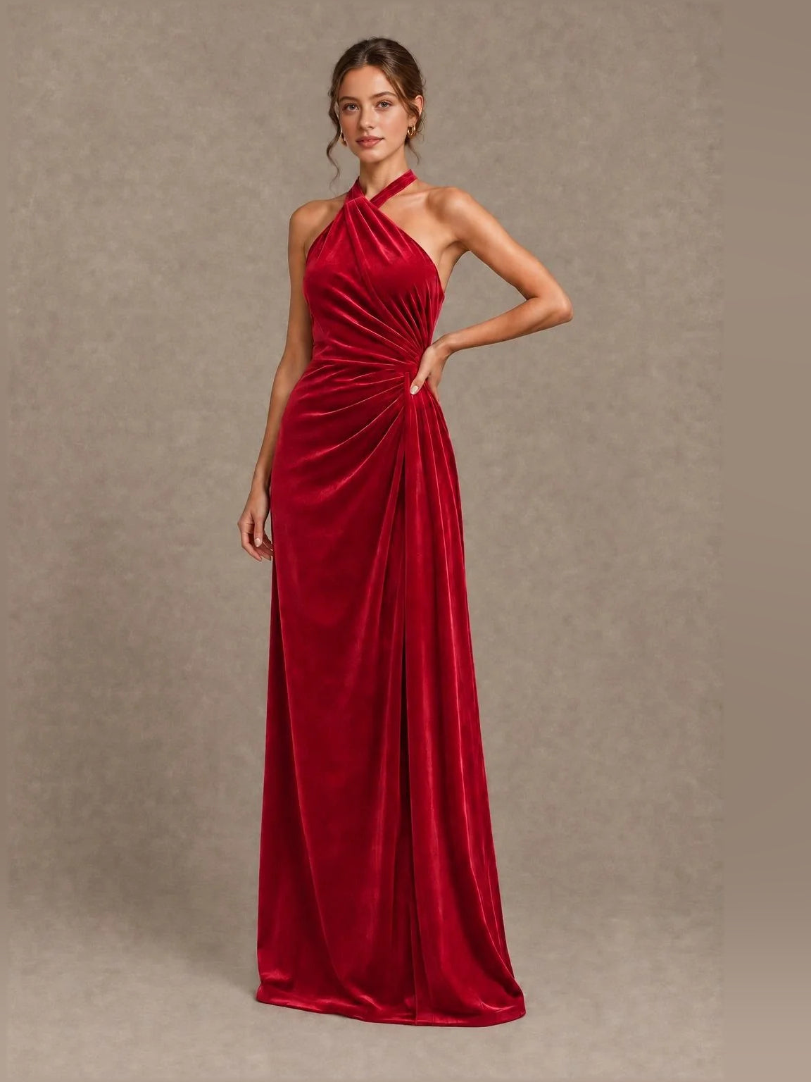 Velvet red ruched draped V-neck sheath gown, sleeveless halter, floor length