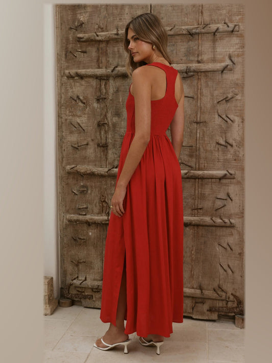 A-line maxi formal dress in red, sleeveless scoop back, flowing skirt with front slit