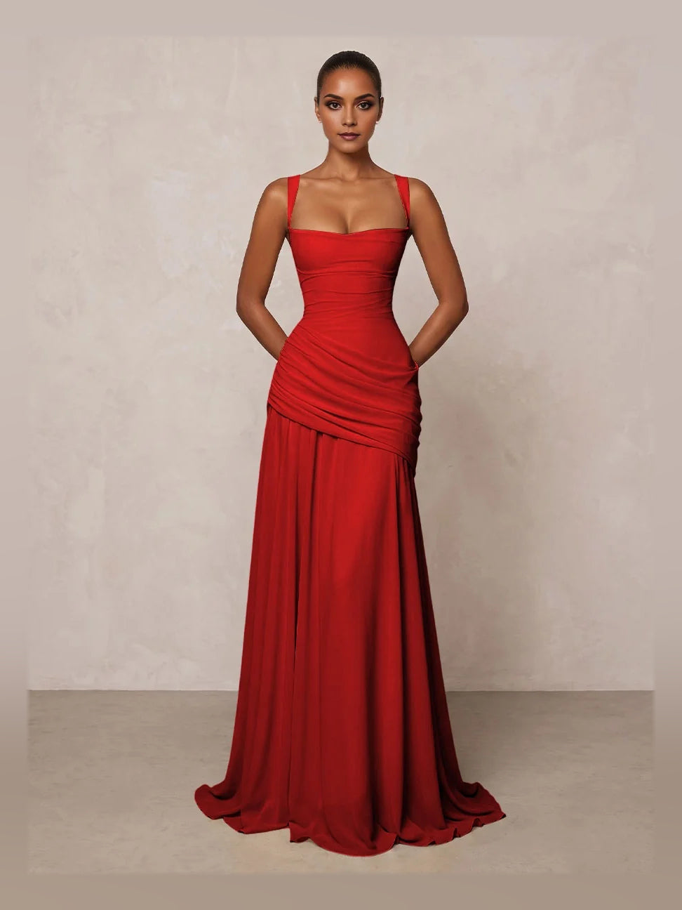 Red ruched chiffon prom dress with square neck and draped A-line skirt