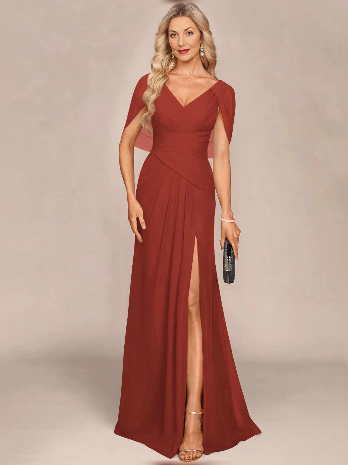 Women's red V-neck mermaid maxi gown with front slit and draped waist