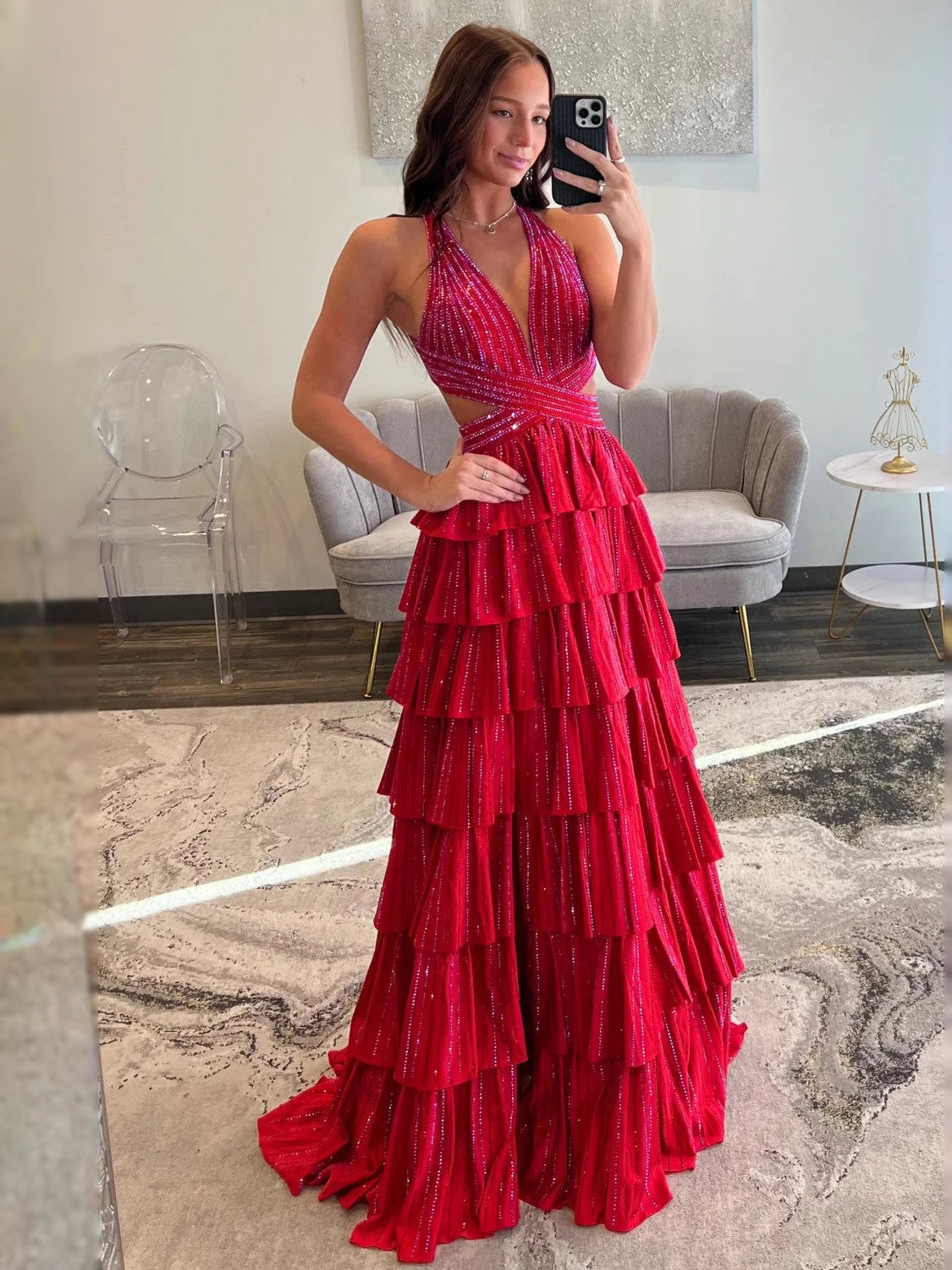 Tiered beaded slit V-neck A-line prom dress, red with tiered ruffle layers