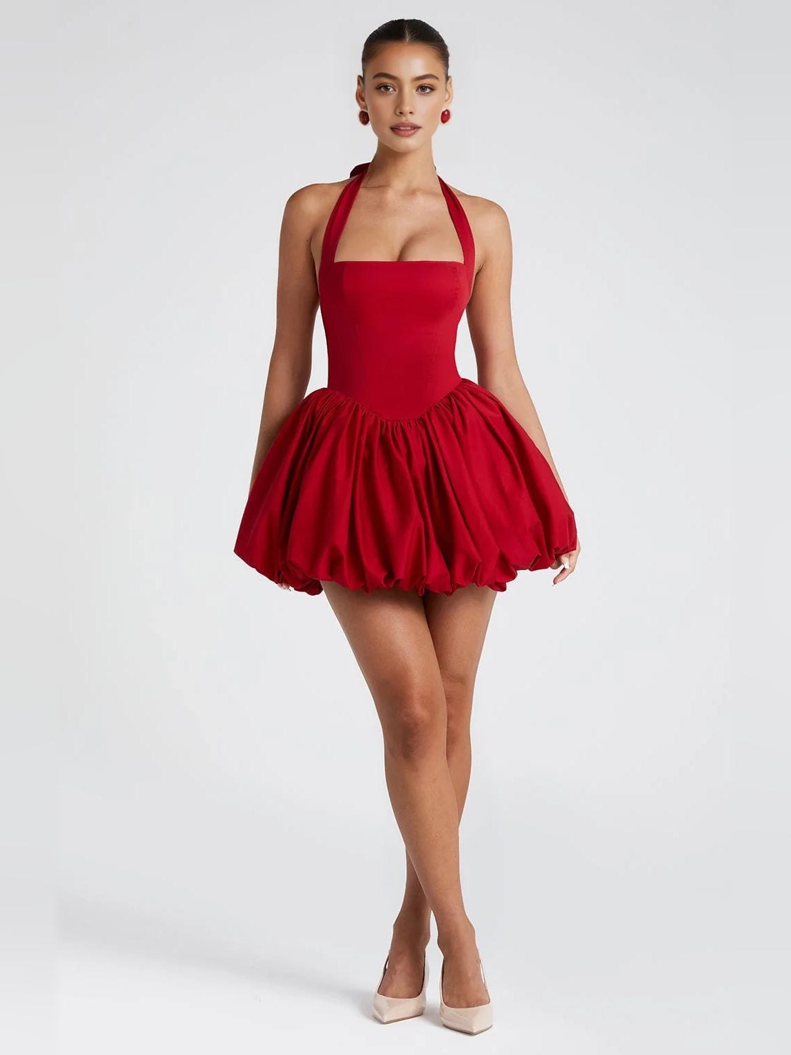 Red mini dress with halter corset-style bodice and tiered ruffle skirt
