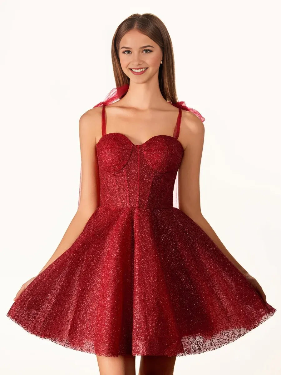Red glitter sweetheart A-line mini tulle dress with corset-style bodice and bow straps