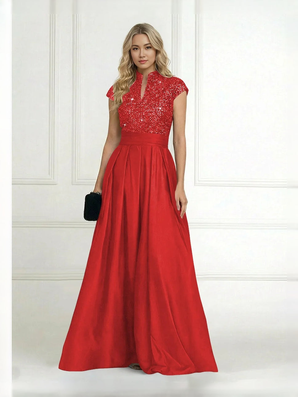 Deep red sequin high-neck A-line satin dress with pleated full skirt